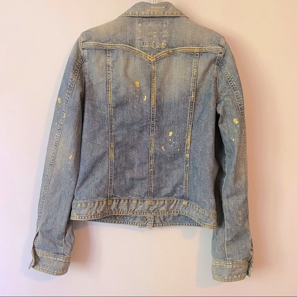 Guess jeans women gold splattered jean jacket. Size Large - Picture 2 of 15